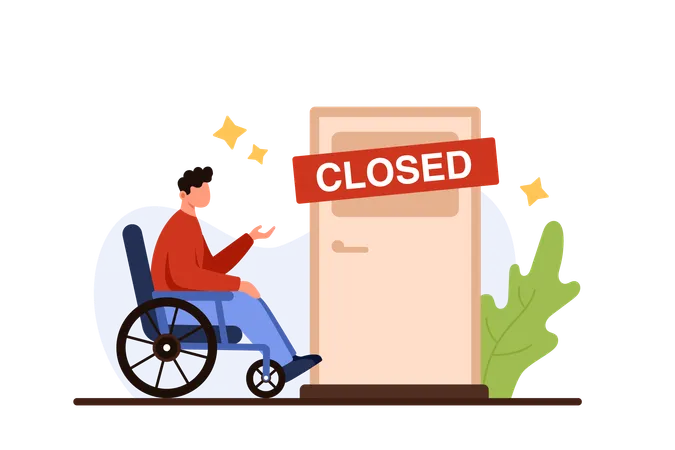 Discrimination Ableism Bias In Society And Stereotype Employment Problem Of Office Employee With Disability Tiny Man In Wheelchair In Front Of Door With Sign Closed Cartoon Vector Illustration Illustration