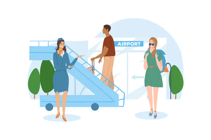 Travel Blue Concept With People Scene In The Flat Cartoon Design Stewardess Gladly Welcomes Passengers On Board The Plane Who Are On Their Way To Travel Vector Illustration 일러스트레이션