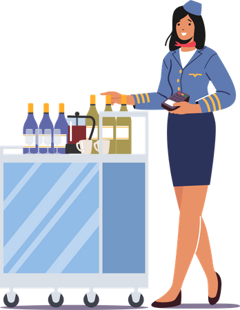 Stewardess push trolley with drinks Illustration