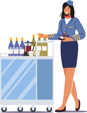 Stewardess Push Trolley With Drinks Holding Pos Terminal Flight Attendant Airline Staff Air Hostess In Uniform Provide Airplane Service Isolated On White Background Cartoon Vector Illustration Illustration
