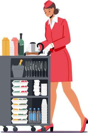 Stewardess Push Trolley with Drinks and Food Illustration