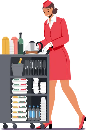 Stewardess Push Trolley with Drinks and Food Illustration