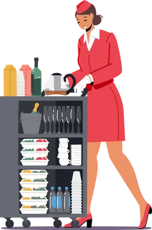 Stewardess Push Trolley with Drinks and Food  Illustration