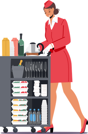 Stewardess Push Trolley with Drinks and Food  イラスト