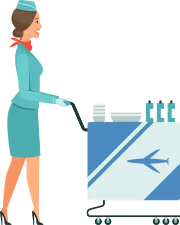 Stewardess push trolley with drinks  Illustration