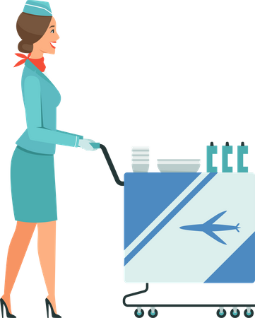 Stewardess push trolley with drinks  イラスト