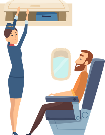 Stewardess schließt Gepäcktür  Illustration