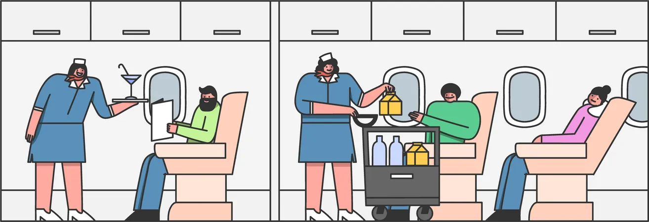 Stewardess serving food and drinks in airplane  Illustration