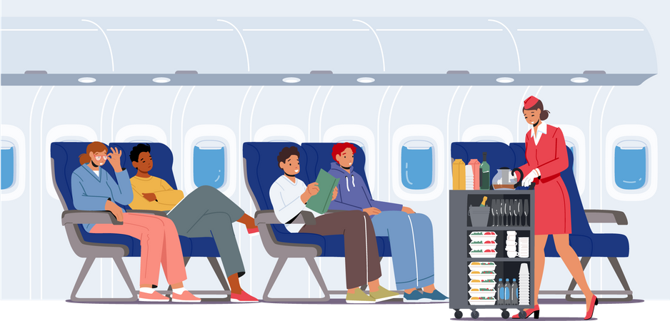 Stewardess serving food to passengers Illustration