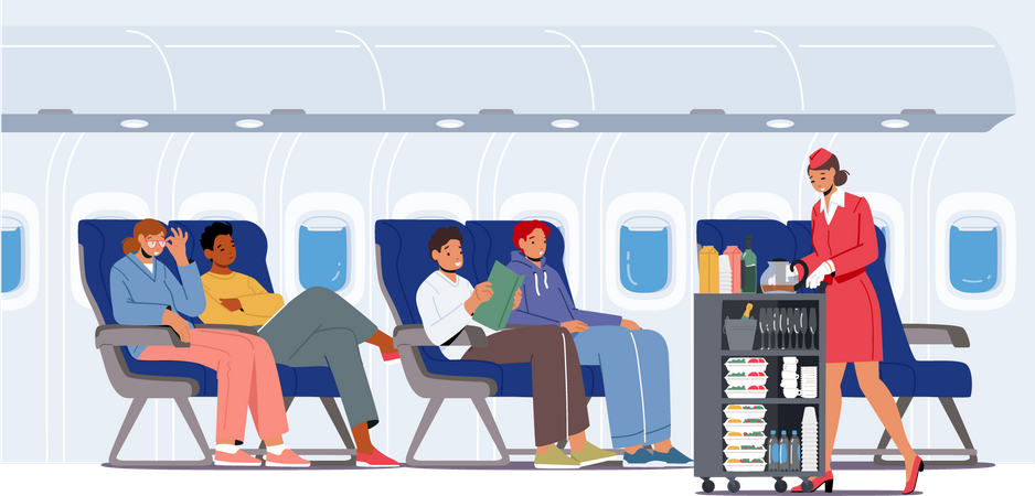 Stewardess serving food to passengers  イラスト