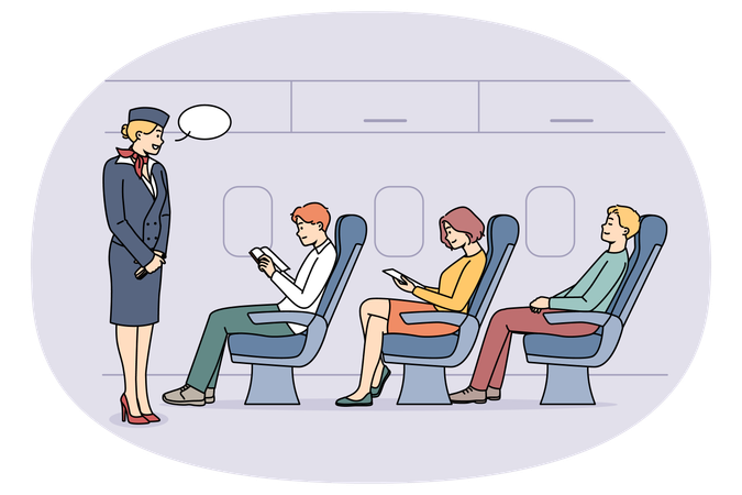 Stewardess talking with passengers on plane  Illustration