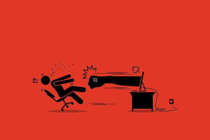 Stick figure man being punched by an angry hater fist flying out from the computer monitor screen  Illustration