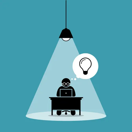 Stick figure man concentrating and focusing on his computer work and thinking of new idea under a spot light  Illustration