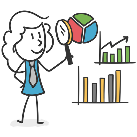 Stick girl with magnifying glass examining statistics  Illustration