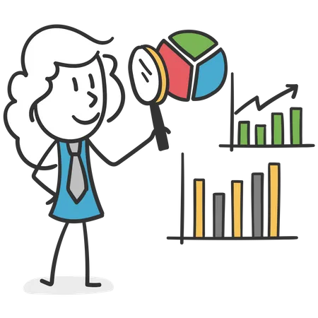 Stick girl with magnifying glass examining statistics  Illustration