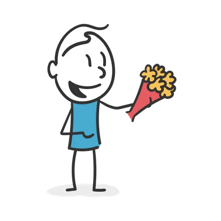 Stick man with bouquet of flowers Illustration