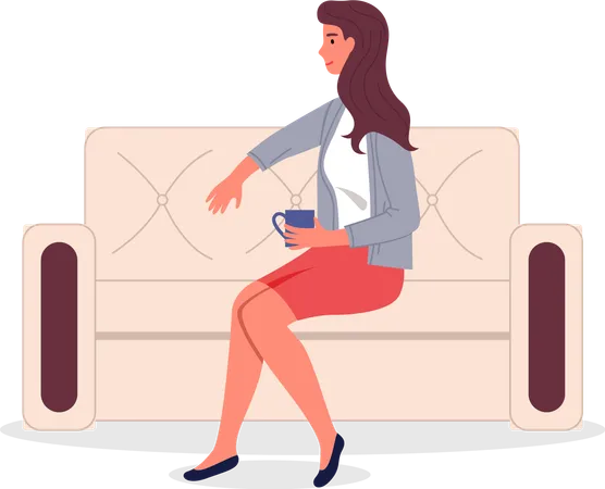 Stilvolle, selbstbewusste Frau hält eine Tasse mit Getränk in der Hand und sitzt auf dem Sofa  Illustration