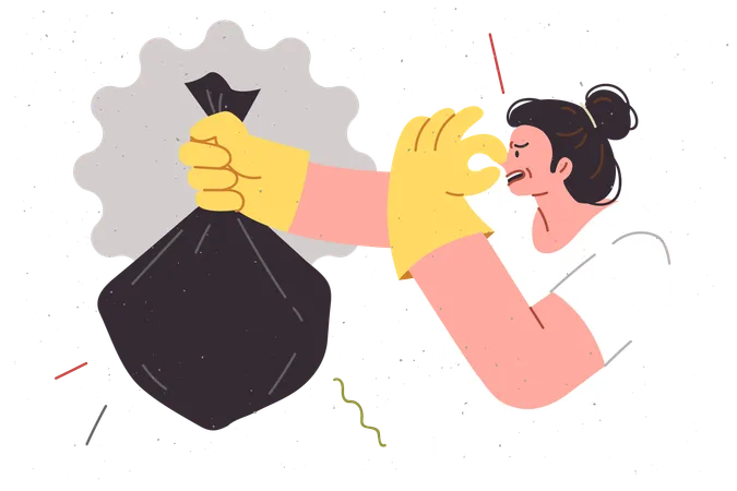 Stinking Bag Of Garbage In Hands Of Woman Disgusted By Unpleasant Smell Of Missing Organic Waste Hotel Maid Throws Out Large Bag Of Garbage Using Protective Gloves To Avoid Contamination Illustration