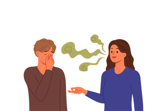 Stinky breath woman with bad teeth or caries irritates guy covering nose with hand  Illustration