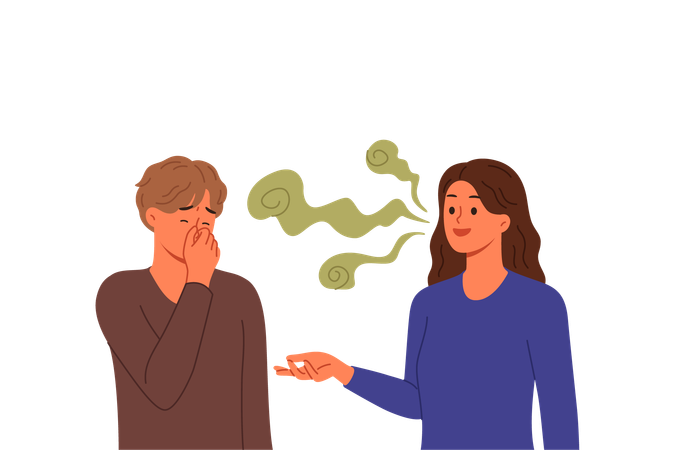 Stinky breath woman with bad teeth or caries irritates guy covering nose with hand  イラスト