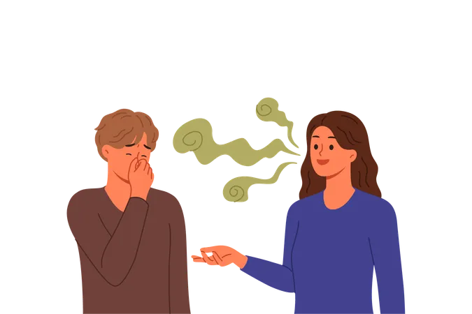Stinky breath woman with bad teeth or caries irritates guy covering nose with hand  Illustration