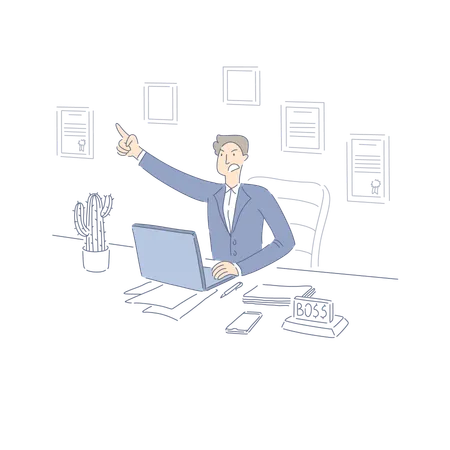 Employer Giving Out Commands Mad Office Worker In Suit Company Owner In Office Stock Broker At Computer Banner Yelling Boss At Work Concept Cartoon Sketch Flat Vector Illustration Illustration