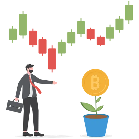 Business Strategy Analysis Stock Market With Bitcoin Upward Growth Vector Illustrator Illustration