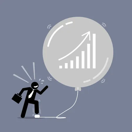 Stock Market Bubble Vector Artwork Depicts A Happy Businessman Keep Inflating A Bubble Balloon To Make It Bigger And Bigger The Balloon Is About To Burst But The Man Does Not Care About It Illustration