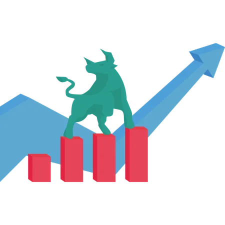 Widescreen Abstract Financial Chart With Uptrend Line Graph Arrow And Walking Bull Icon In Stock Market On Blue Color Background Illustration