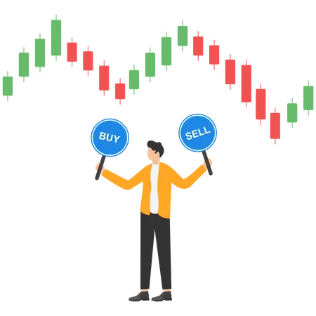 Time Decision To Invest In Stock Market Opportunity To Buy Or Sell In Cryptocurrency Trading Foreign Exchange Concept Businessman Holding Buy Sign And Sell Sign While Looking At Candlestick Charts Illustration