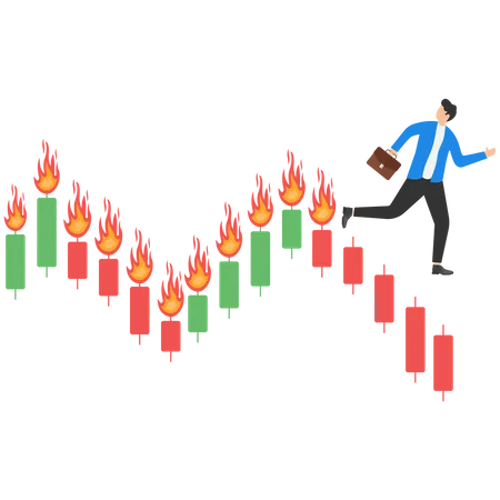 Stock Market Crash Crypto Price Fall Loss Money From Financial Crisis Or Wrong Speculation Of Trading Concept Businessman Trader Running Away From Downtrend Candlestick Graph Which Is On Fire Illustration