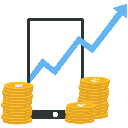 Stock market graph in mobile phone and stack of coin  Illustration