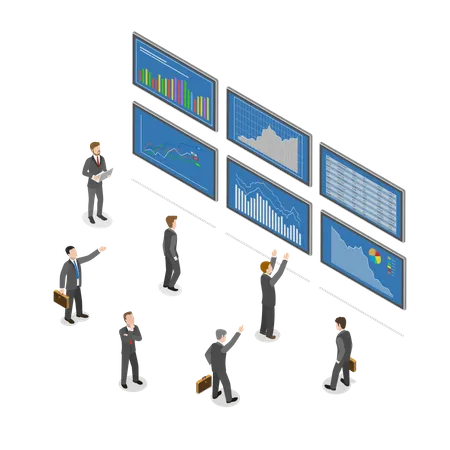 Stock Market Flat Isometric Vector Concept People In Suits Are Standing In Front Of Big Information Boards With Some Financial Data At Them Illustration