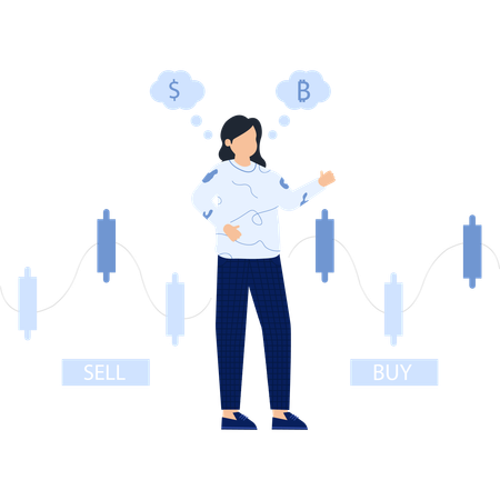 Stock trading  with woman thinking about dollar and bitcoin financial market analysis  Illustration