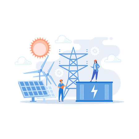 Stockage d'énergie par batterie provenant d'une centrale solaire et éolienne renouvelable  Illustration