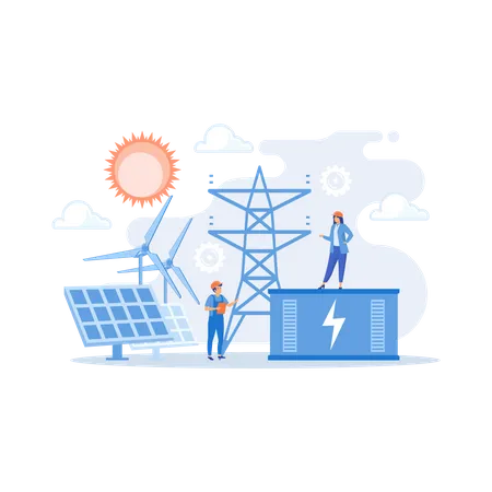 Stockage d'énergie par batterie provenant d'une centrale solaire et éolienne renouvelable  Illustration