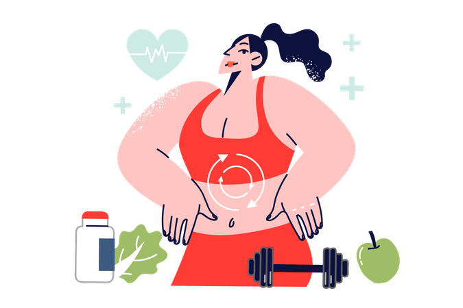 Stoffwechselprozess im Körper einer Frau, die Fitness macht und Obst und Vitamine isst, um Gewicht zu verlieren  Illustration