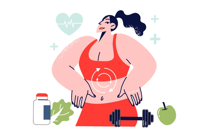 Stoffwechselprozess im Körper einer Frau, die Fitness macht und Obst und Vitamine isst, um Gewicht zu verlieren  Illustration