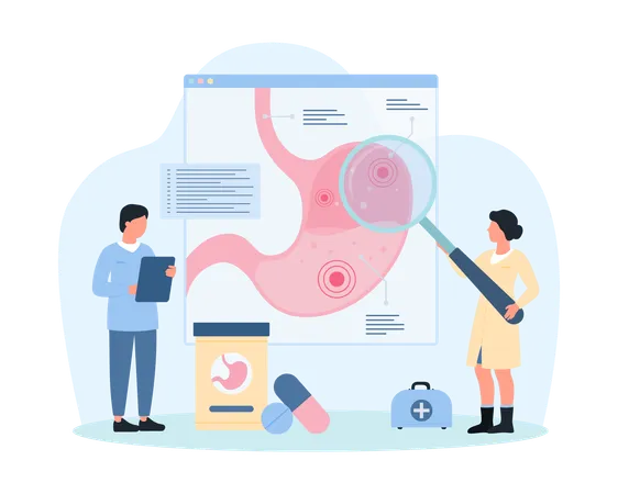 Study Of Stomach Disease Vector Illustration Cartoon Tiny Doctors With Magnifying Glass Research Gastric Infographic Chart People Analyzing Warning Symptoms For Diagnosis And Medical Therapy Illustration
