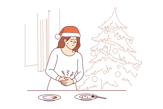 クリスマスディナーで食べ過ぎたために胃痛に悩まされている女性、薬が必要  イラスト