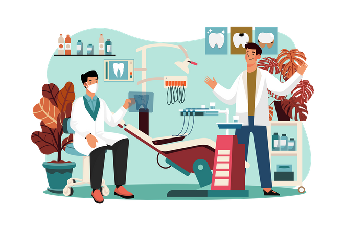 Stomatolog and nurses are looking at diagnosis results to give treatment in the tooth clinic  Illustration