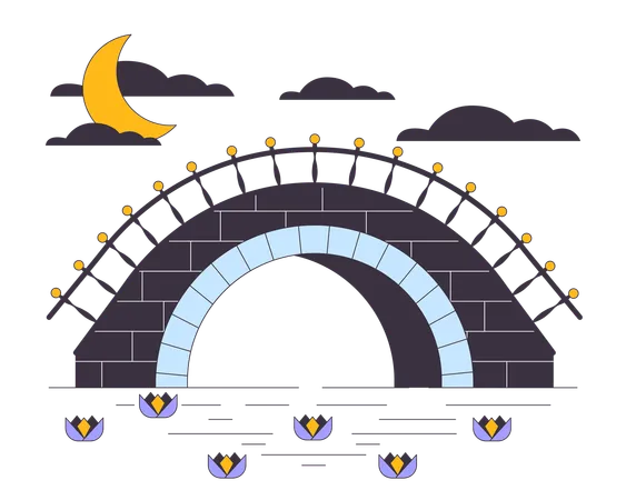 Stone Bridge Under River Flat Line Concept Vector Spot Illustration Moonlit Night Landscape 2 D Cartoon Outline Objects On White For Web UI Design Editable Isolated Colorful Hero Image Illustration
