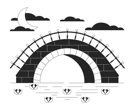 Stone Bridge Under River Bw Concept Vector Spot Illustration Moonlit Night Landscape 2 D Cartoon Flat Line Monochromatic Objects For Web UI Design Editable Isolated Outline Hero Image Illustration