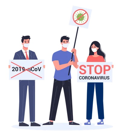 Detener La Manifestacion De 2019 N Co V Alerta De Coronavirus Protesta Por Epidemia De Virus Peligrosos Ilustracion De Vector Aislado En Estilo De Dibujos Animados Ilustración