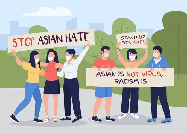 Stop Asian Hate Flat Color Vector Illustration Covid Related Attacks Hate Crimes Prevention Rallies Asian American Activists 2 D Cartoon Faceless Characters With Green Landscape On Background Illustration