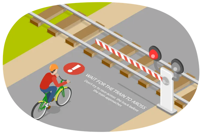 3 D Isometric Flat Vector Conceptual Illustration Of Bicycle Riding Rules Stop Before Approaching Train Illustration