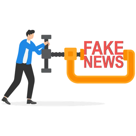 Stop Fake News And Misinformation Spreading On The Internet And Media Concept Businessman Leaders Squeezing And Destroying The Word Fake News Illustration