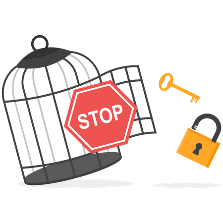 Stop sign with key free himself from cage  イラスト