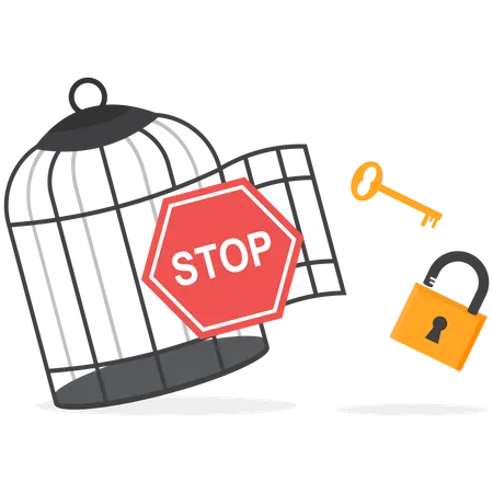 Stop sign with key free himself from cage  Illustration