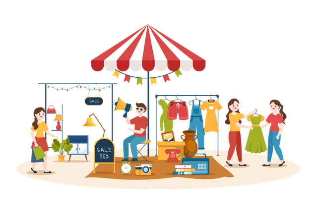 Store owner marketing things at flea market  Illustration